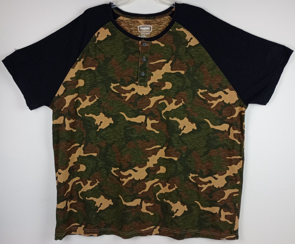 Foundry Supply Co Mens 3XL Camouflauge Black Raglan Sleeve 3/4 Button Tshirt
